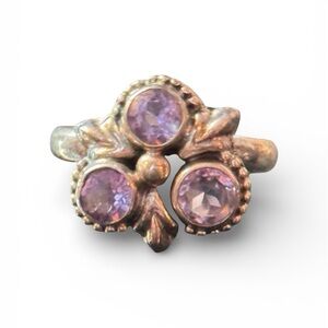 Sterling Silver 925 Three-Stone Ring with Purple Gemstones, Size 7